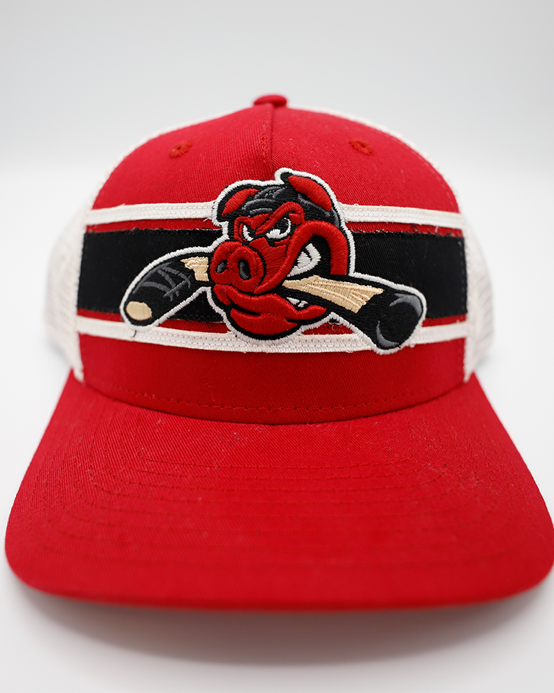 red and white Zephyr trucker hat with Rockford IceHogs Hammy with stick embroidered on front - front lay flat