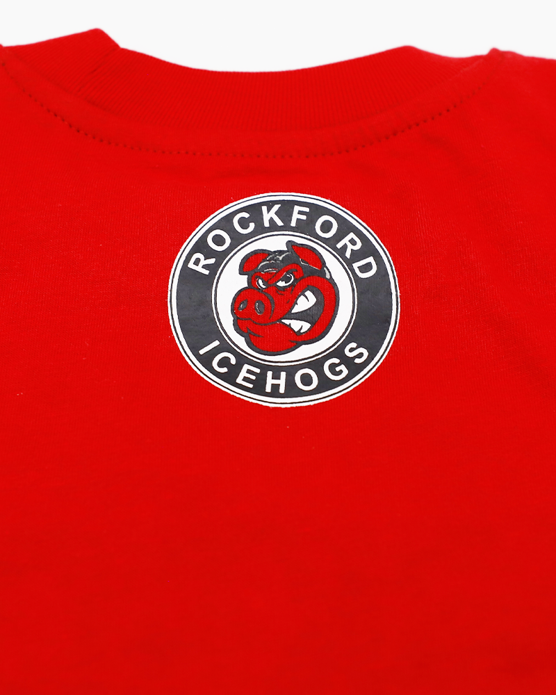 red youth Rockford IceHogs short sleeve tee with wordmark graphic and Hammy on front - back detail lay flat