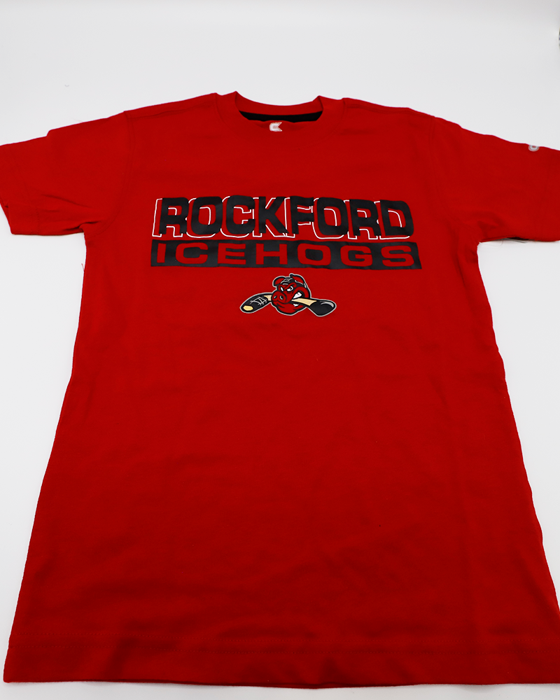 red youth Rockford IceHogs short sleeve tee with wordmark graphic and Hammy on front - front lay flat