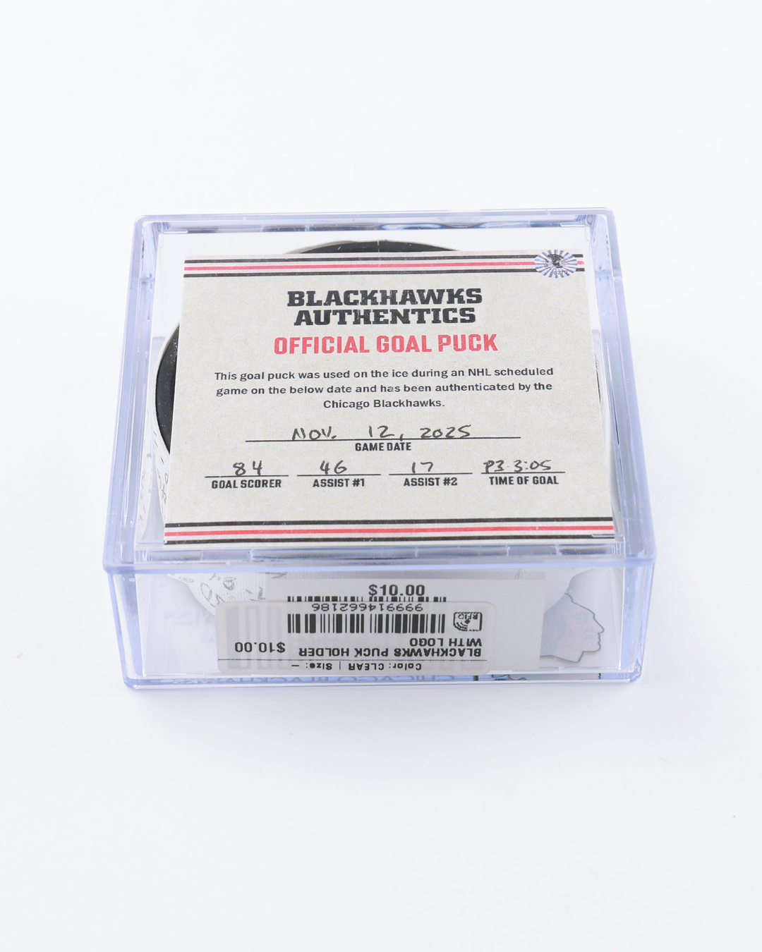 Landon Slaggert Game-Used Goal Puck 11/12/25 21893