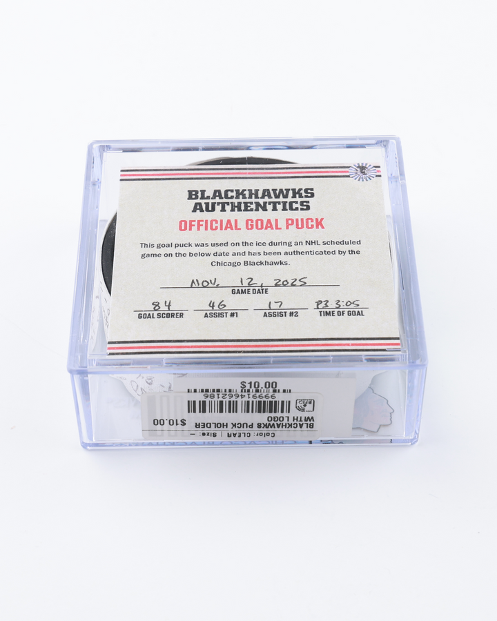 Landon Slaggert Game-Used Goal Puck 11/12/25 21893