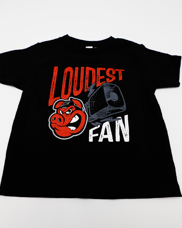 black toddler short sleeve tee with Loudest Fan graphic and Rockford IceHogs Hammy on front - front lay flat