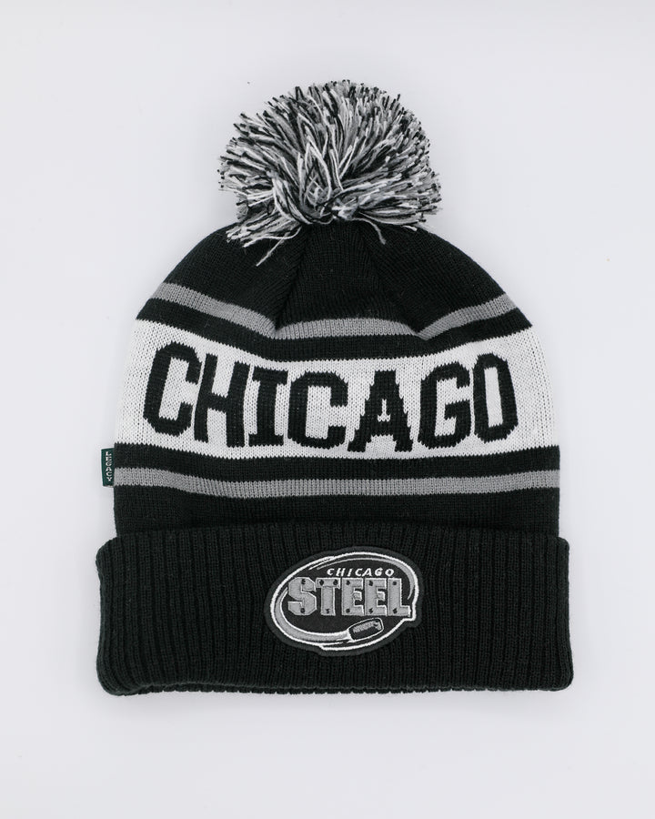 black white and grey Legacy beanie with two tone pom on top and Chicago Steel logo embroidered on front cuff - front lay flat