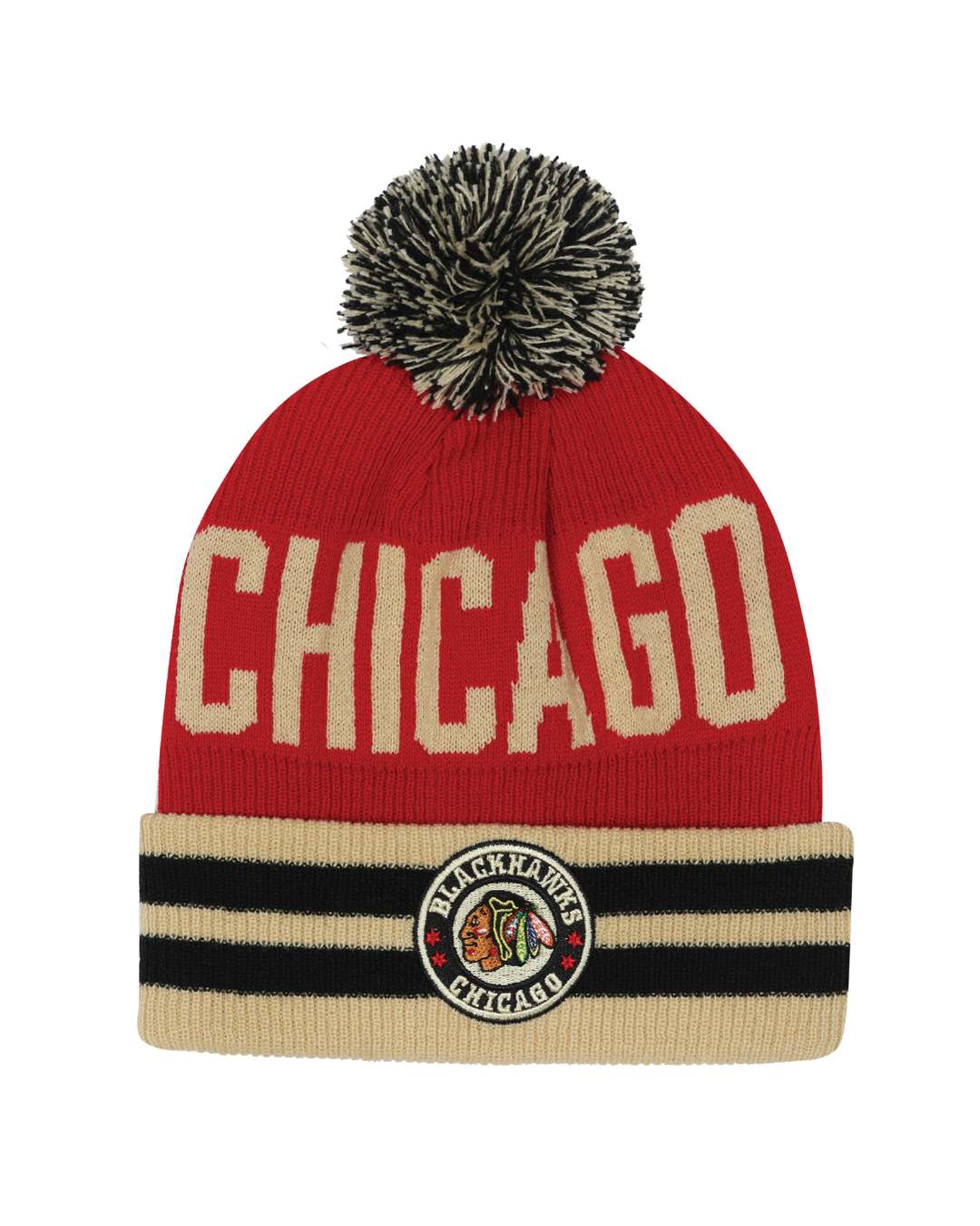 red youth knit hat with multicolor pom and Chicago wordmark on front and Chicago Blackhawks Winter Classic logo on front cuff - front lay flat