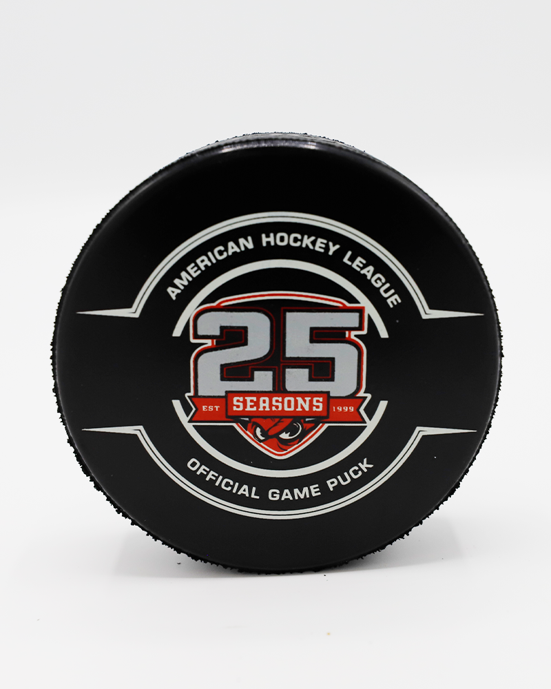 black official AHL Rockford IceHogs 25th anniversary game puck - front lay flat