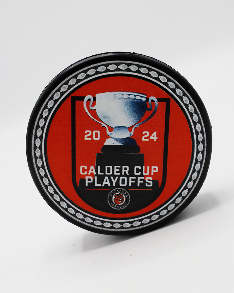 black and red Rockford IceHogs puch with 2024 Calder Cup Playoffs graphic on front - front lay flat