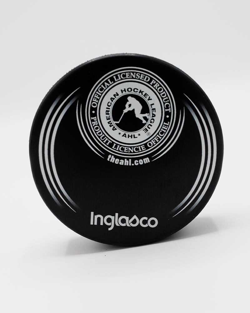 black hockey puck with Rockford IceHogs logo and red goal light graphic on front - back lay flat