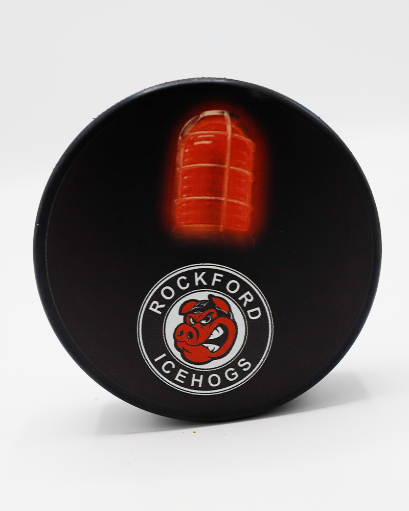 black hockey puck with Rockford IceHogs logo and red goal light graphic on front - front lay flat