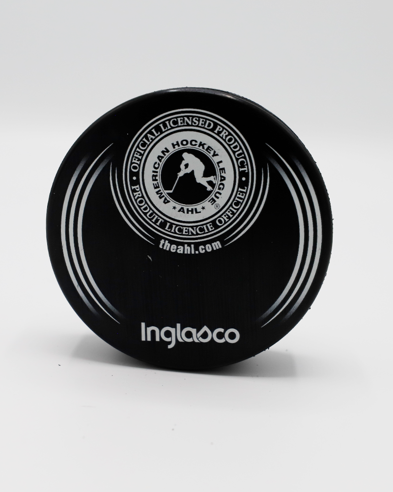 black Rockford IceHogs puck with 25th anniversary graphic on front - back lay flat