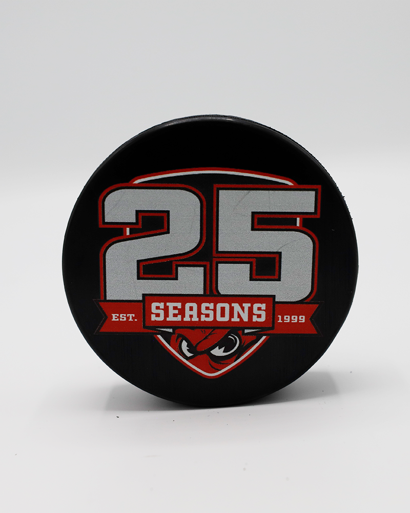 black Rockford IceHogs puck with 25th anniversary graphic on front - front lay flat