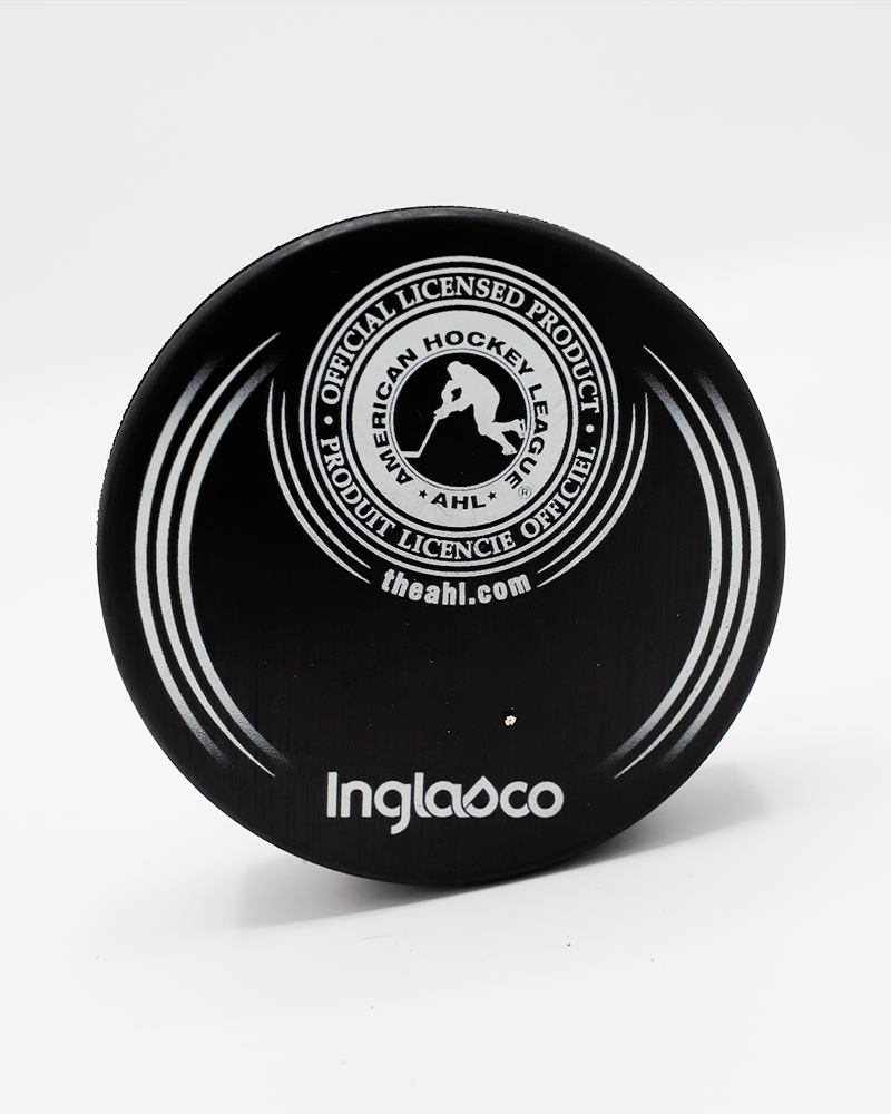 black Rockford IceHogs hockey puck with Autism Awareness Night graphic on front - back lay flat