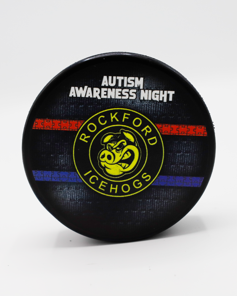 black Rockford IceHogs hockey puck with Autism Awareness Night graphic on front - front lay flat