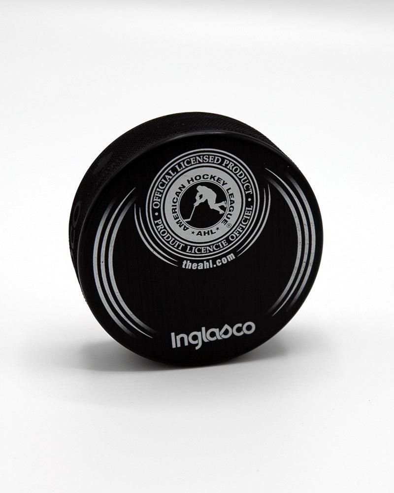 red white and black puck with Rockford IceHogs logo on front - back lay flat