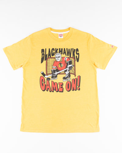 yellow Homage Chicago Blackhawks tee with Wayne's World inspired graphic on front - front lay flat