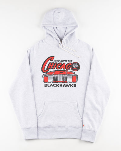 grey Homage hoodie with Chicago Blackhawks vintage graphic with United Center - front lay flat
