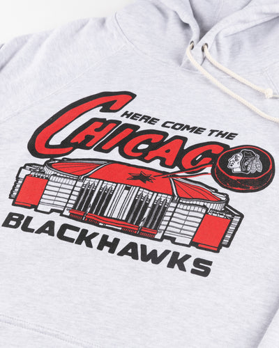 grey Homage hoodie with Chicago Blackhawks vintage graphic with United Center - detail lay flat