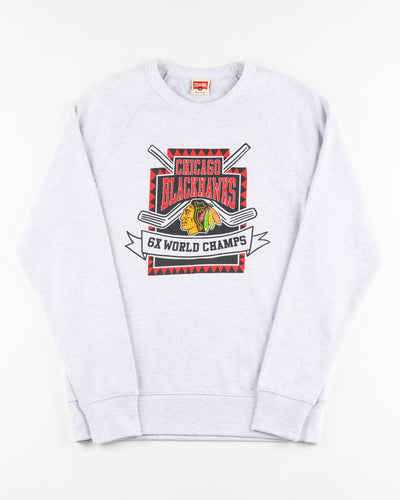ash grey Homage crewneck with Chicago Blackhawks graphic 6x world champs - front lay flat
