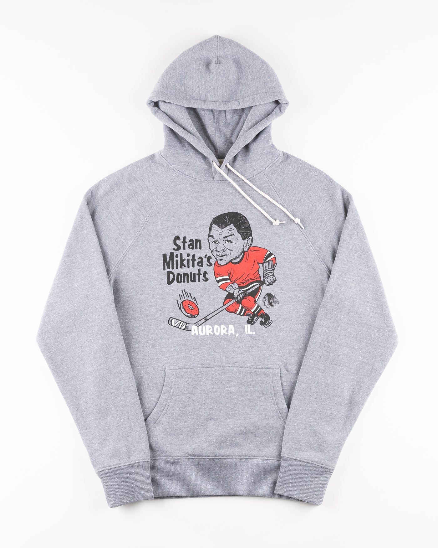 heather grey Homage hoodie with Stan Mikita's Donuts graphic - front lay flat
