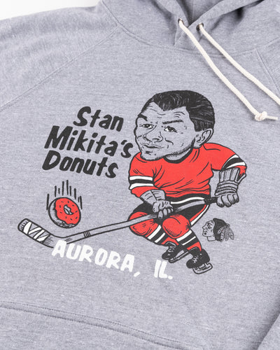 heather grey Homage hoodie with Stan Mikita's Donuts graphic - detail lay flat