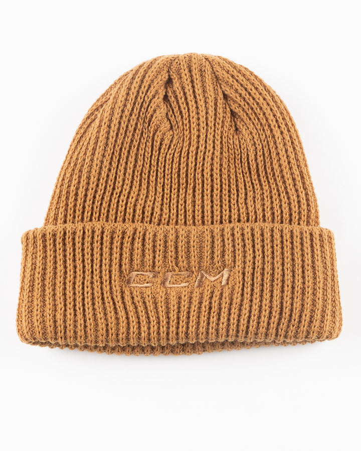 brown CCM knit hat with Chicago Blackhawks tonal logo embroidered on front cuff - back lay flat