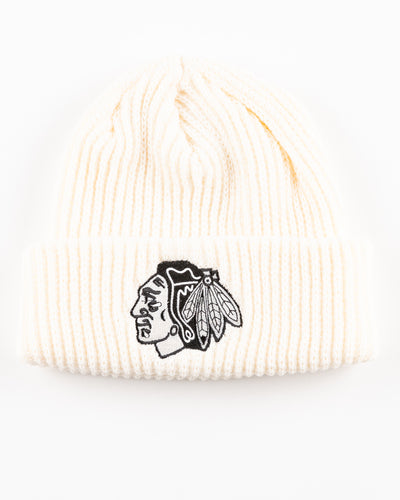 white CCM knit hat with Chicago Blackhawks tonal primary logo embroidered on front - front lay flat