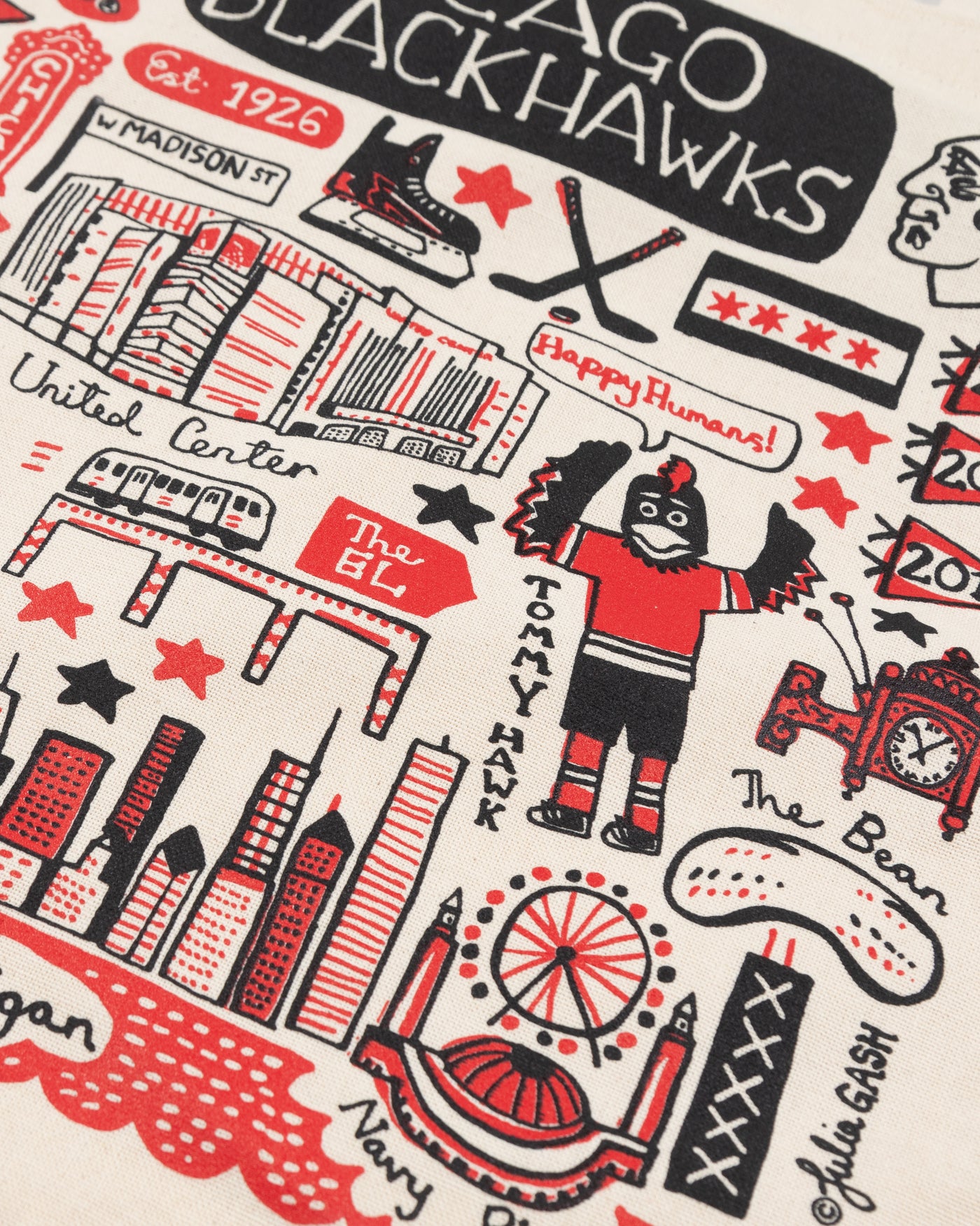 canvas tote bag with Julia Gash art work inspired by Chicago and the Chicago Blackhawks - detail lay flat