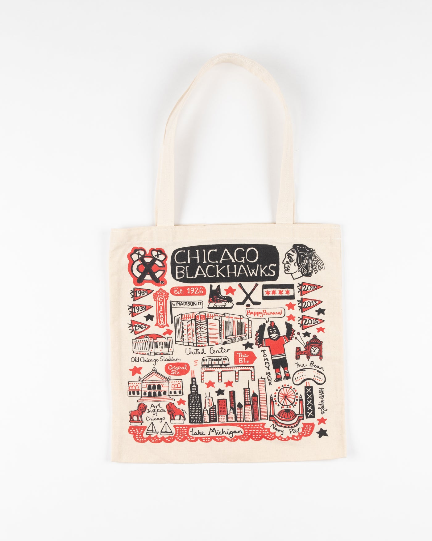 canvas tote bag with Julia Gash art work inspired by Chicago and the Chicago Blackhawks - front lay flat