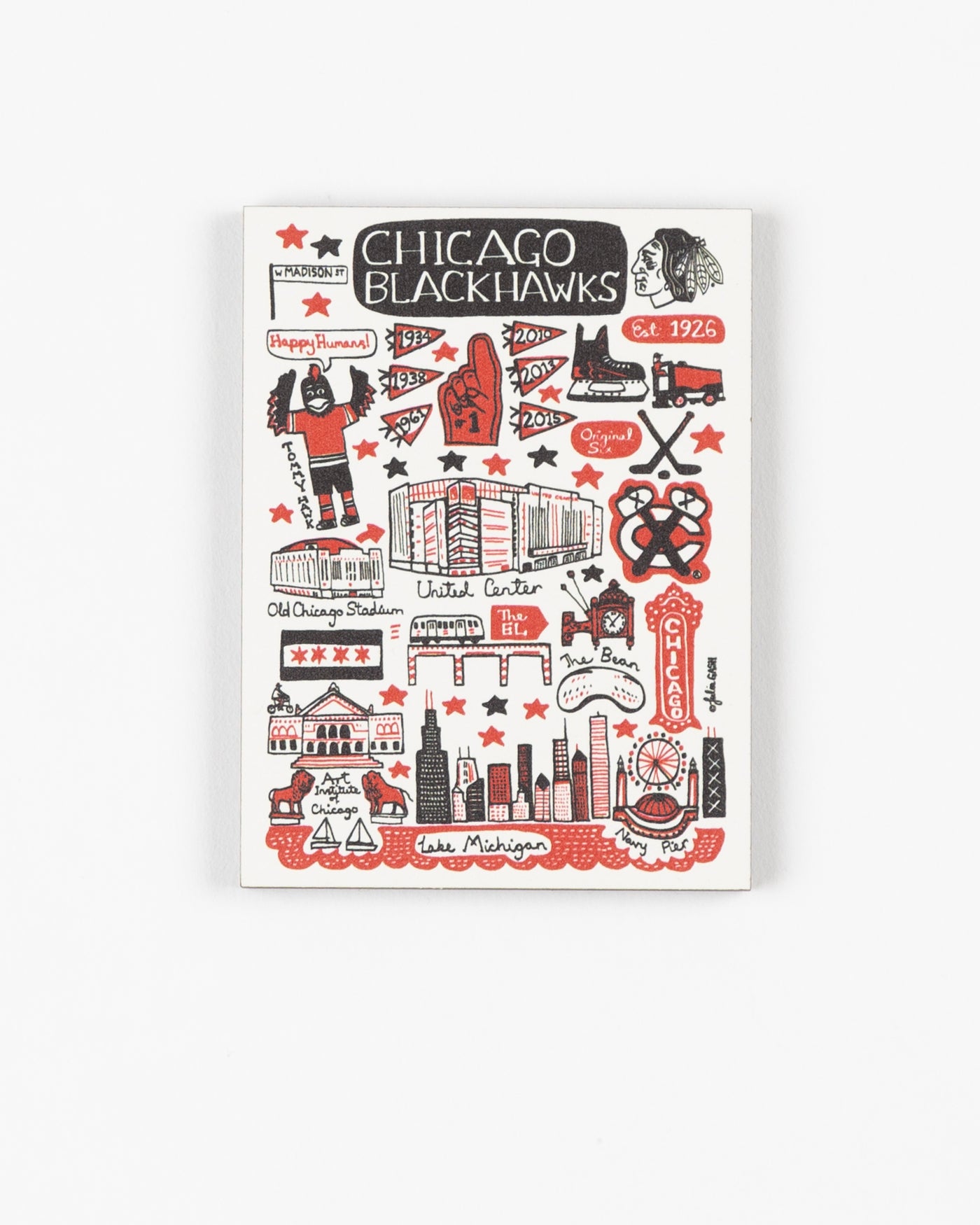 Julia Gash artwork inspired by Chicago and Chicago Blackhawks on wooden magnet - front lay flat