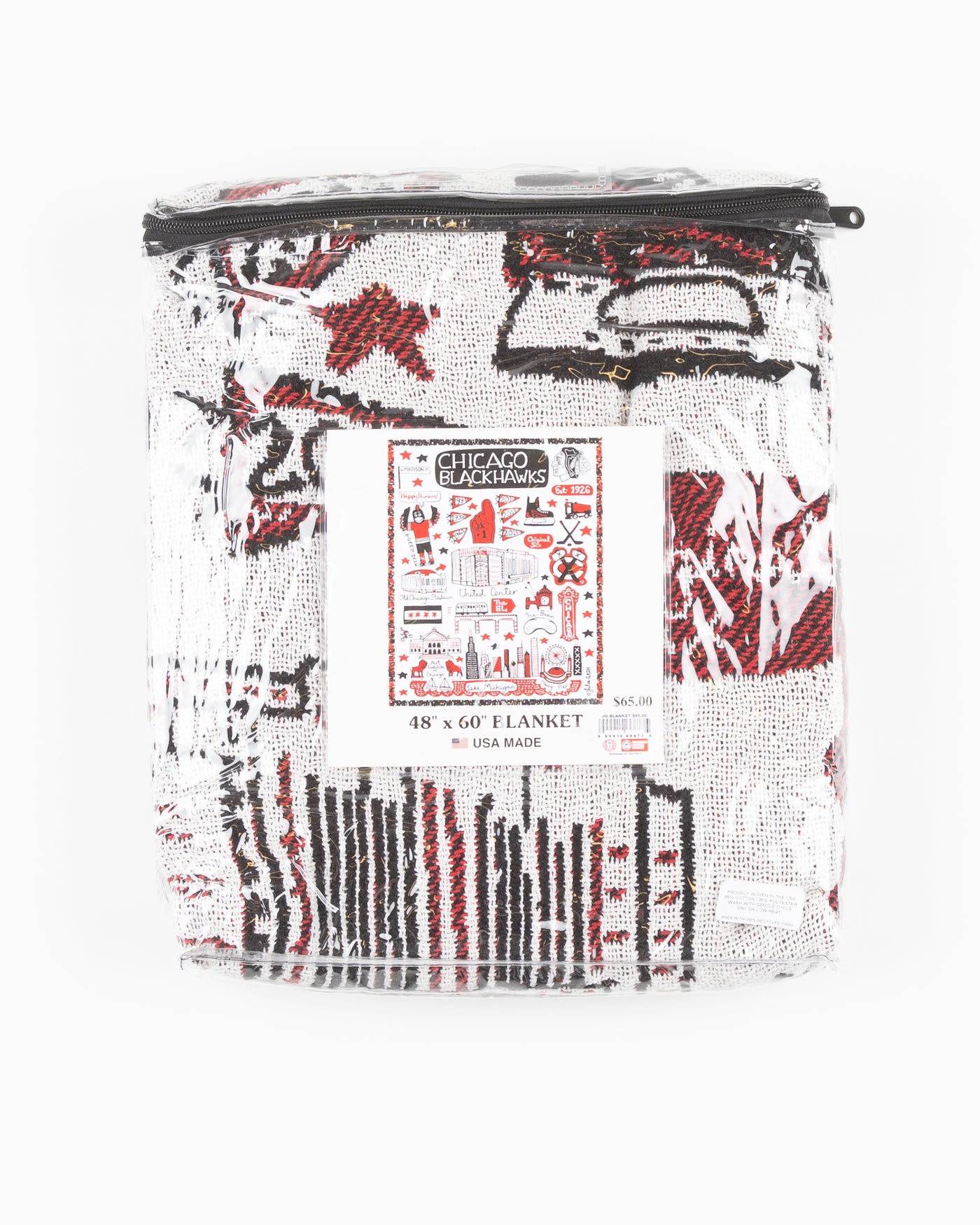 Julia Gash blanket with Chicago and Chicago Blackhawks inspired all over design - front lay flat with packaging