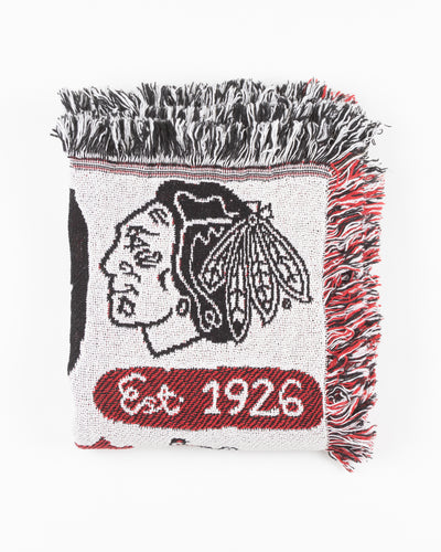 Julia Gash blanket with Chicago and Chicago Blackhawks inspired all over design - front lay flat