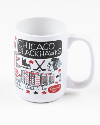 Julia Gash mug with all over Chicago and Chicago Blackhawks inspired graphic - front lay flat