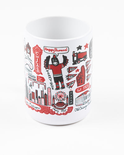 Julia Gash mug with all over Chicago and Chicago Blackhawks inspired graphic - alt detail lay flat