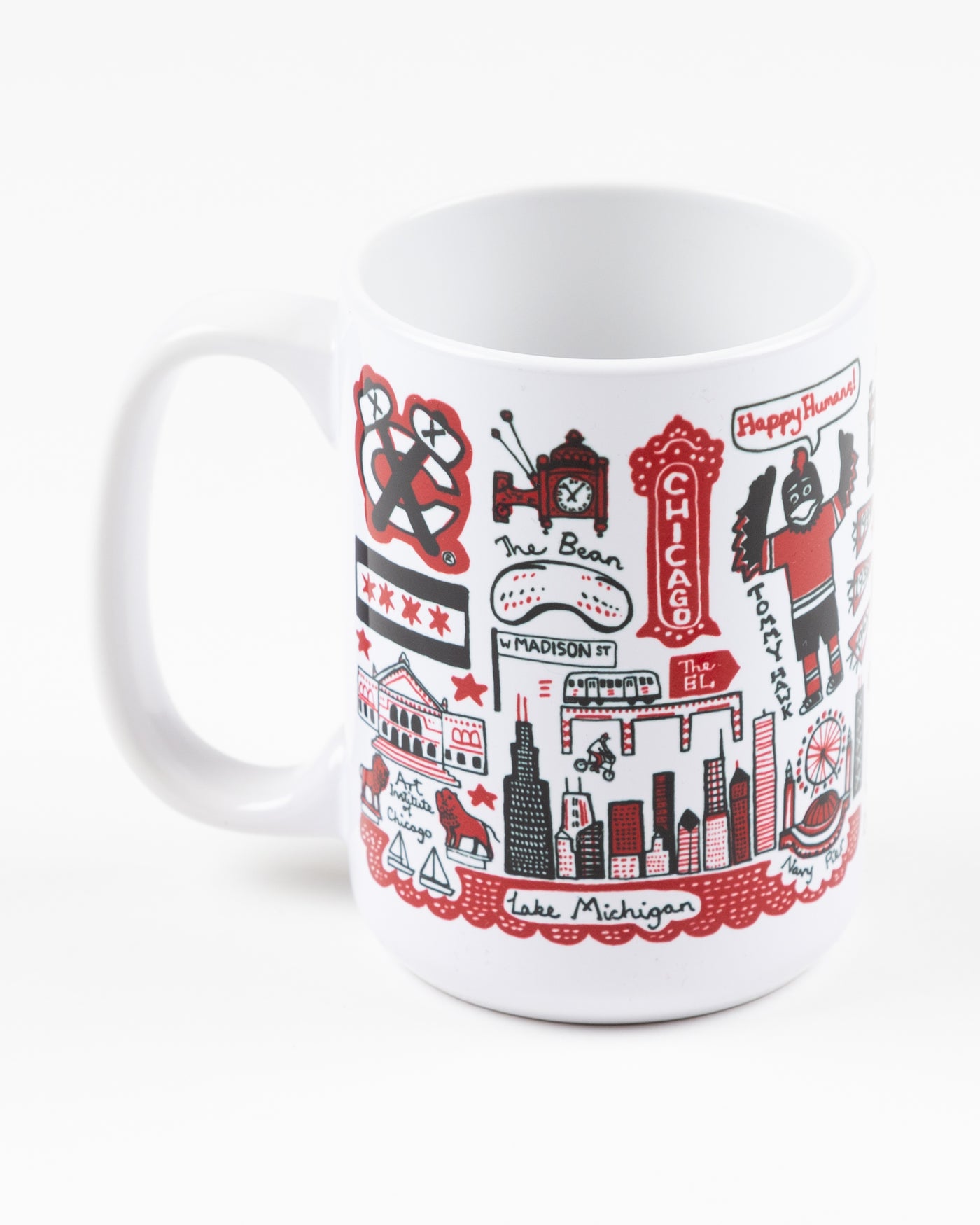 Julia Gash mug with all over Chicago and Chicago Blackhawks inspired graphic - back lay flat