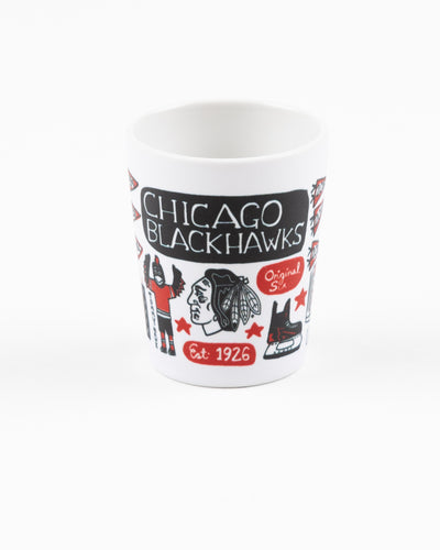 Julia Gash shot glass with Chicago and Chicago Blackhawks inspired graphics - front lay flat