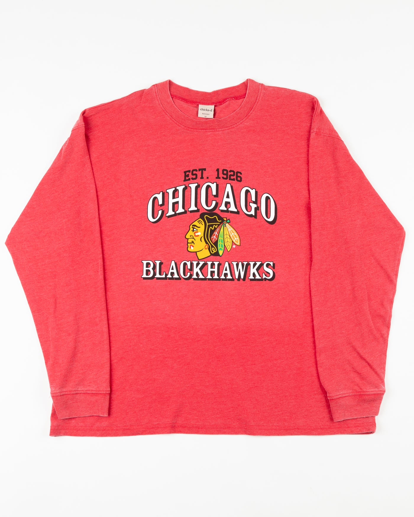red ladies chicka-d long sleeve tee with Chicago Blackhawks graphic across front - front lay flat