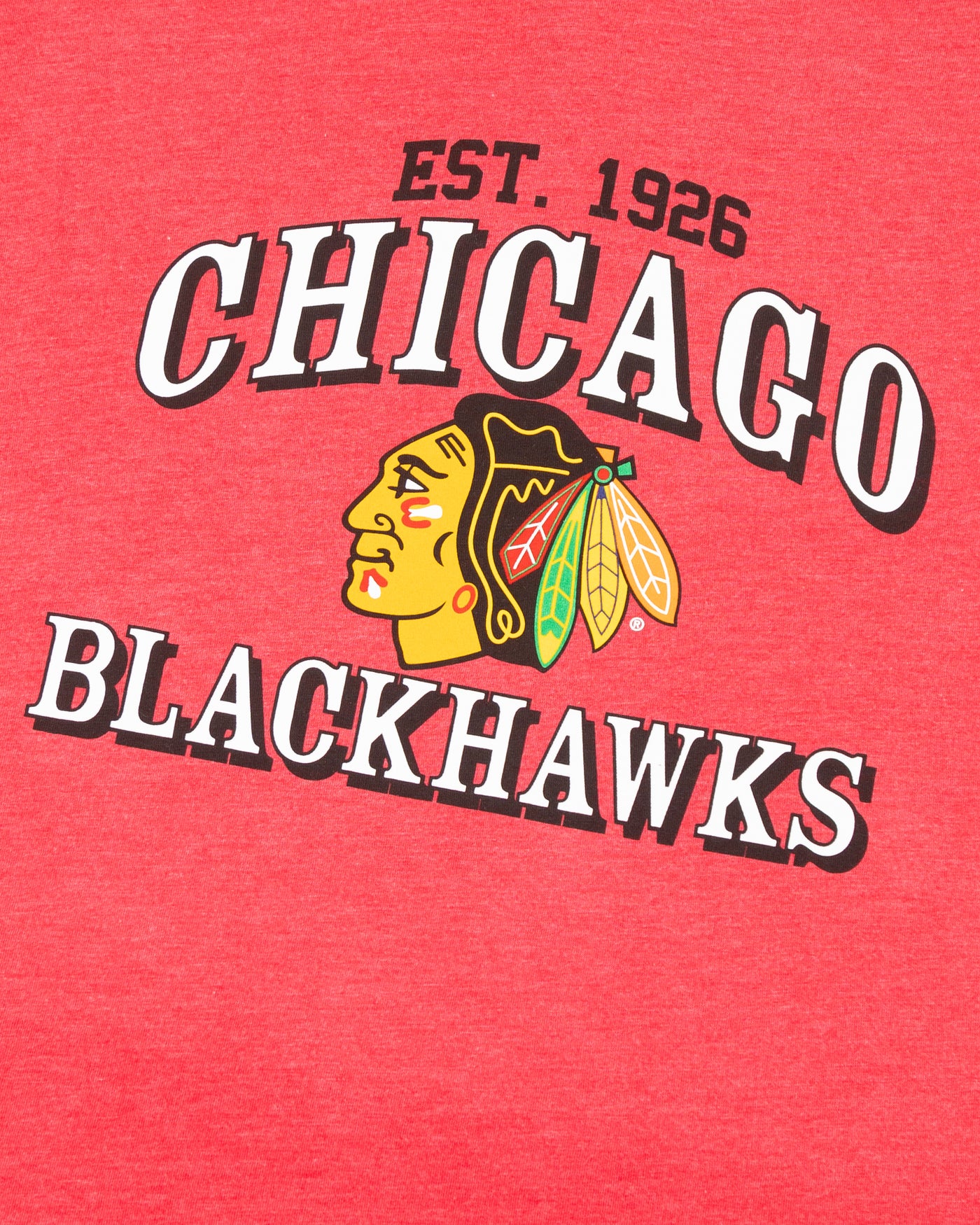 red ladies chicka-d long sleeve tee with Chicago Blackhawks graphic across front - detail lay flat