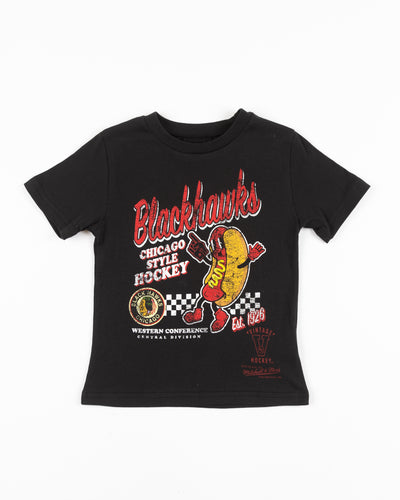 black toddler Mitchell & Ness tee with animated hot dog graphic and vintage Chicago Blackhawks logo - front lay flat