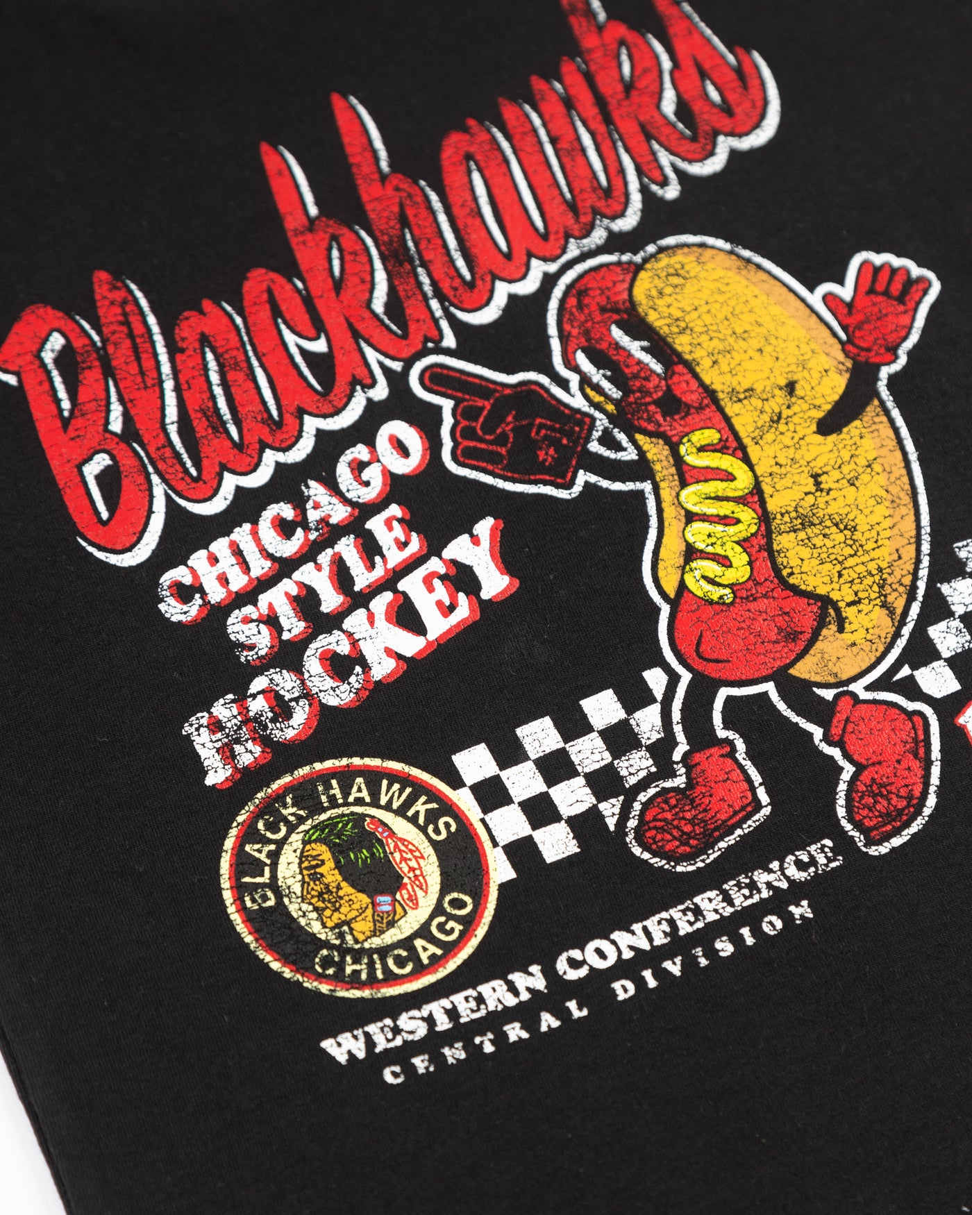 black toddler Mitchell & Ness tee with animated hot dog graphic and vintage Chicago Blackhawks logo - detail lay flat