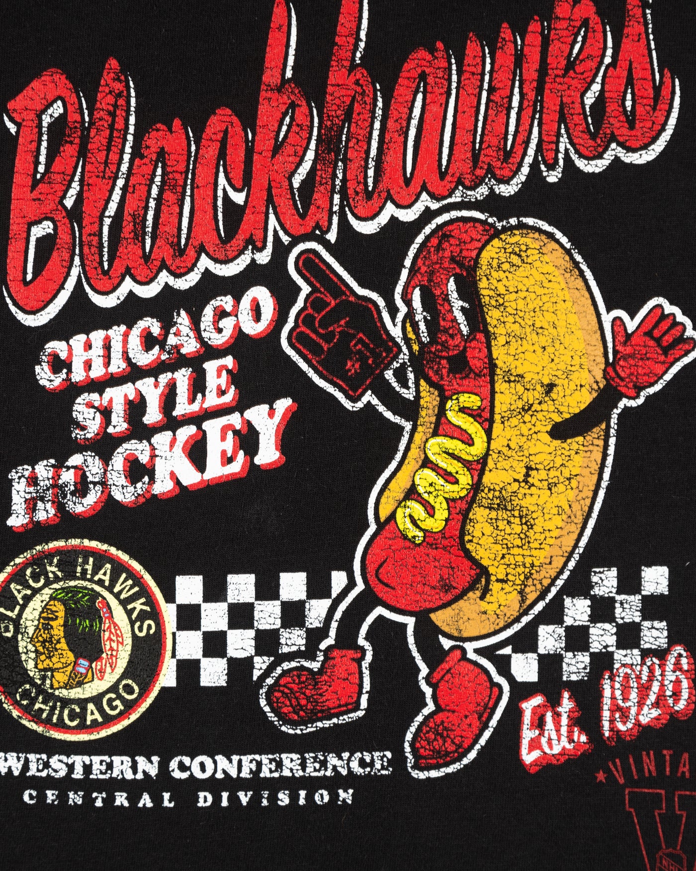 black toddler Mitchell & Ness tee with animated hot dog graphic and vintage Chicago Blackhawks logo - alt detail lay flat