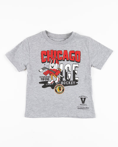 heather grey toddler Mitchell & Ness tee with ice pop animated hockey player character graphic on front - front lay flat