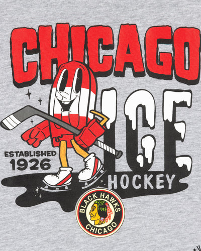 heather grey toddler Mitchell & Ness tee with ice pop animated hockey player character graphic on front - detail lay flat