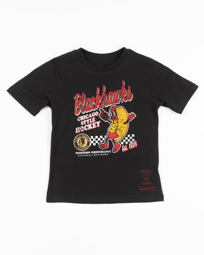 black kids size Mitchell & Ness tee with Chicago Blackhawks vintage logo and animated hot dog graphic - front lay flat
