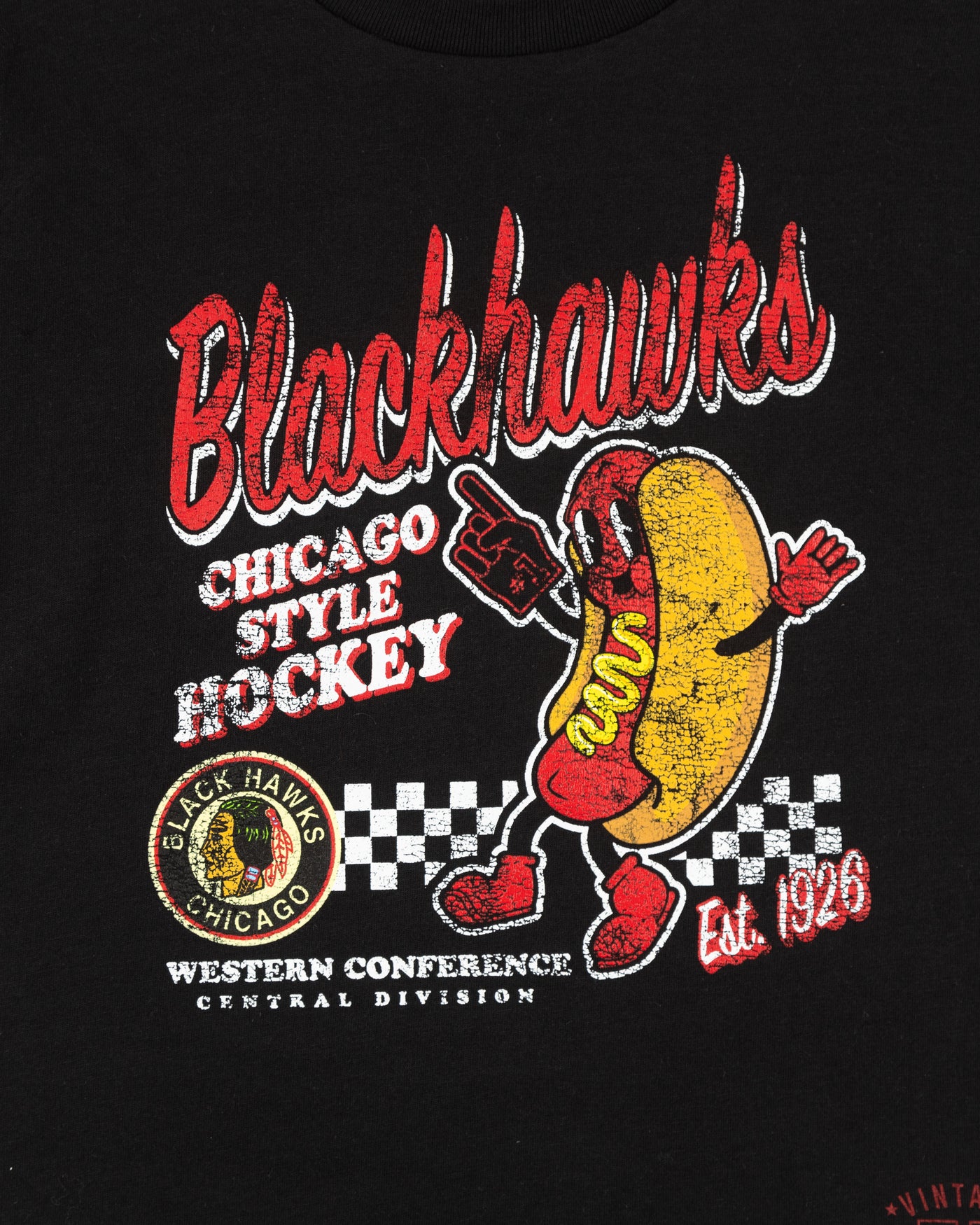 black kids size Mitchell & Ness tee with Chicago Blackhawks vintage logo and animated hot dog graphic - detail lay flat