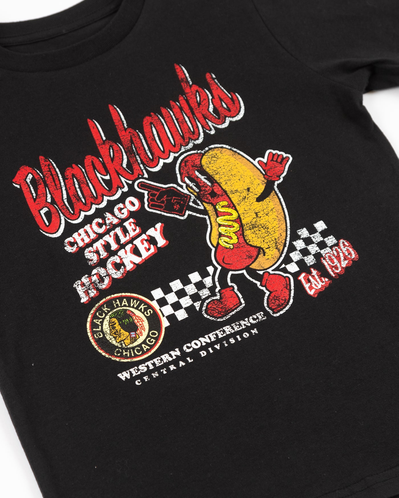 black kids size Mitchell & Ness tee with Chicago Blackhawks vintage logo and animated hot dog graphic - alt detail lay flat