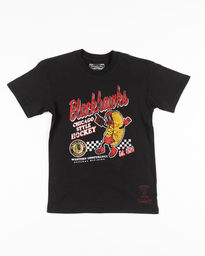 black youth size Mitchell & Ness tee with vintage Chicago Blackhawks logo and animated hot dog graphic across chest - front lay flat
