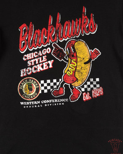 black youth size Mitchell & Ness tee with vintage Chicago Blackhawks logo and animated hot dog graphic across chest - front detail  lay flat