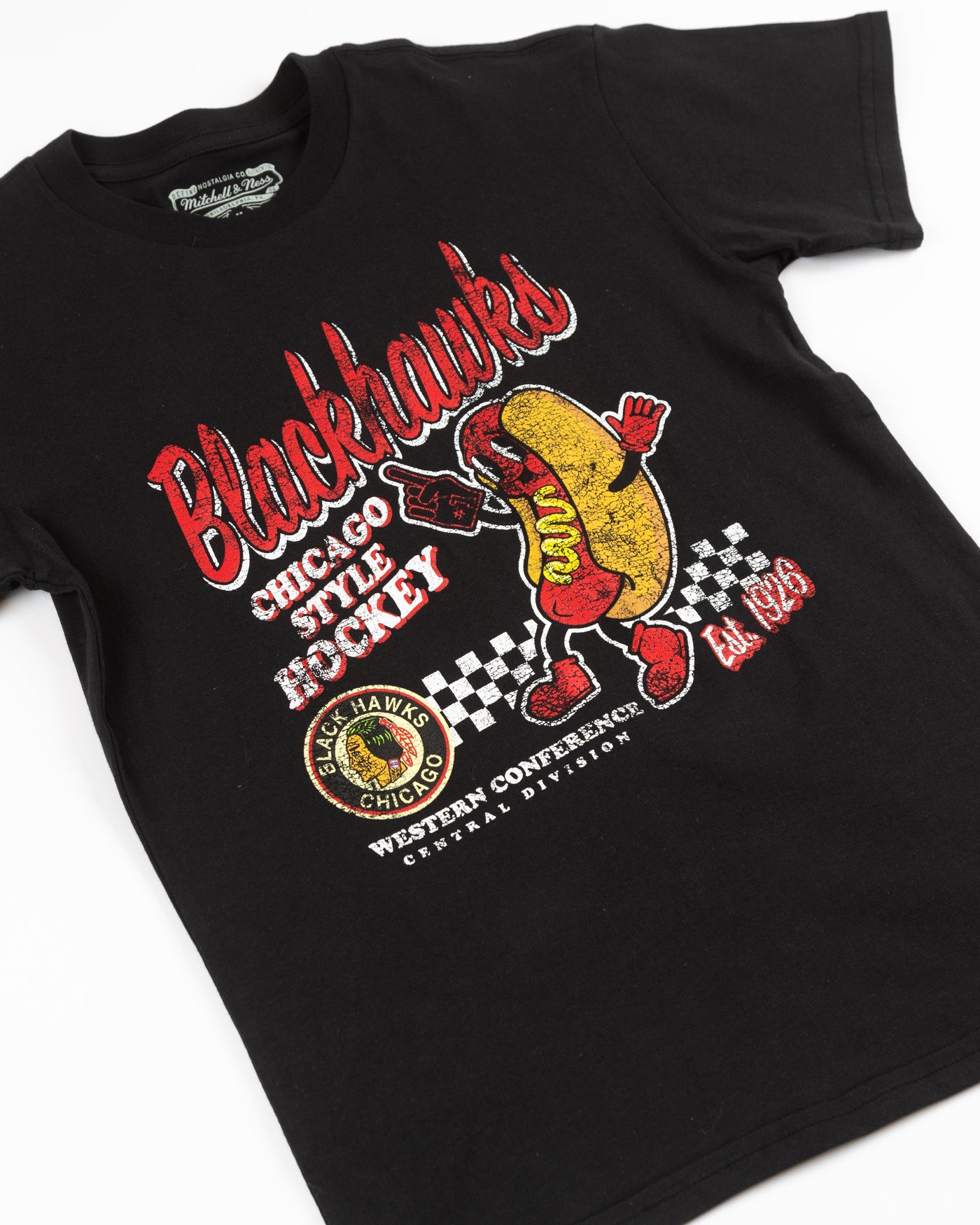 black youth size Mitchell & Ness tee with vintage Chicago Blackhawks logo and animated hot dog graphic across chest - alt detail lay flat