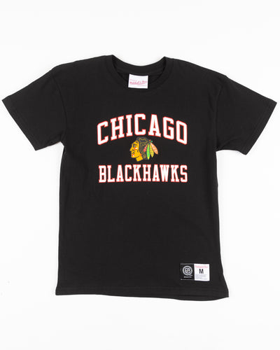 black youth Mitchell & Ness short sleeve tee with Chicago Blackhawks wordmark and primary logo on chest - front lay flat