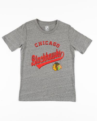 grey youth Outerstuff tee with Chicago Blackhawks wordmark and primary logo graphic across chest - front lay flat