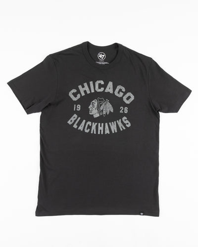 washed black '47 brand tee with Chicago Blackhawks primary logo and wordmark graphic across chest - front lay flat
